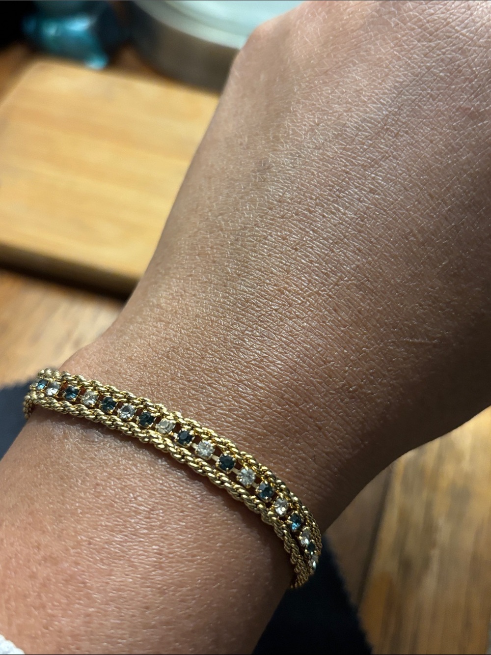 Gold Chain Bracelet with Blue and Clear Stones